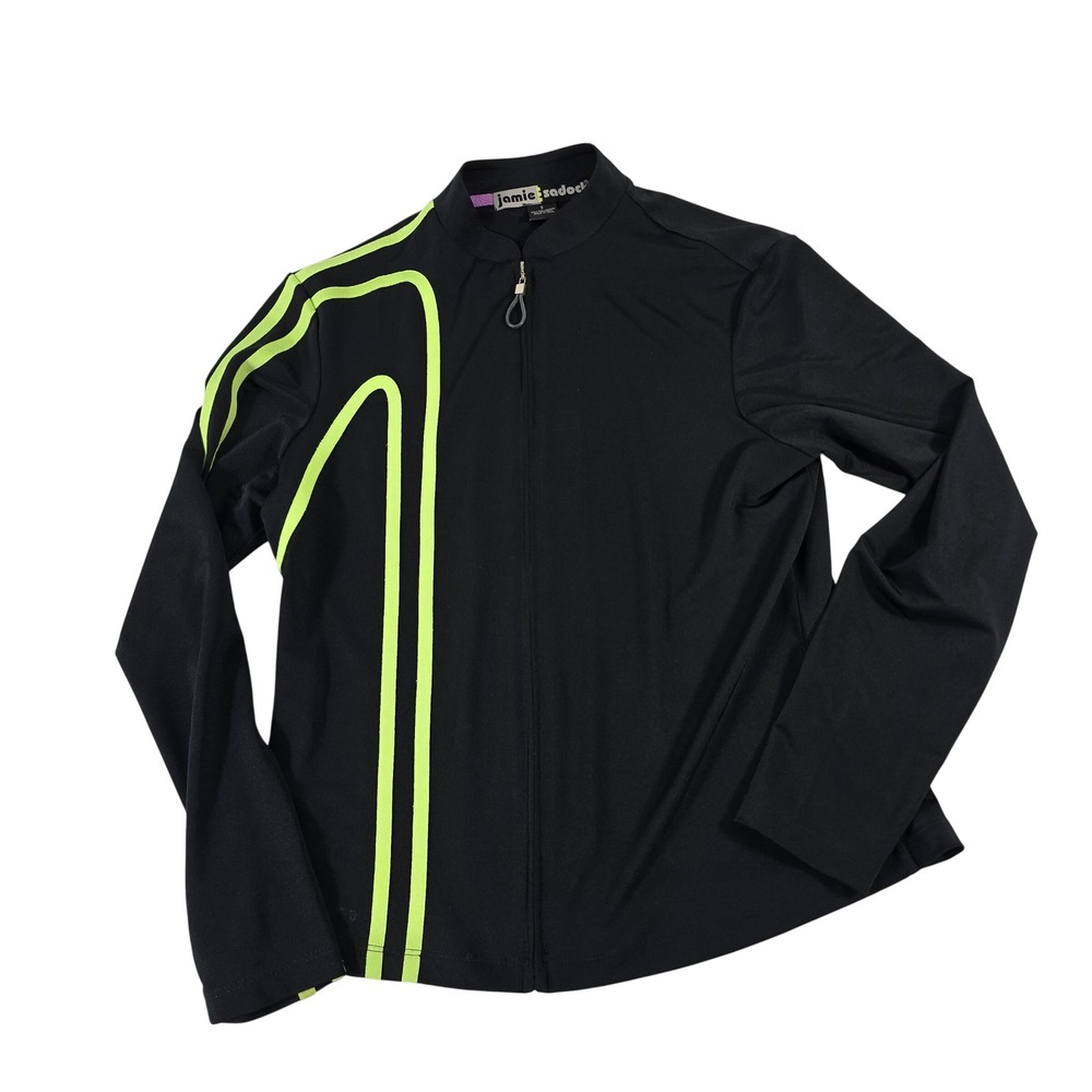 Jamie Sadock Womens Black Neon Lime Green Stripe Full Zip Athletic Jacket Small